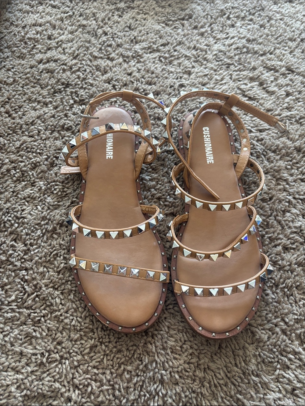 Cushionaire Tan Pyramid-Stud Ankle-Strap Sandals